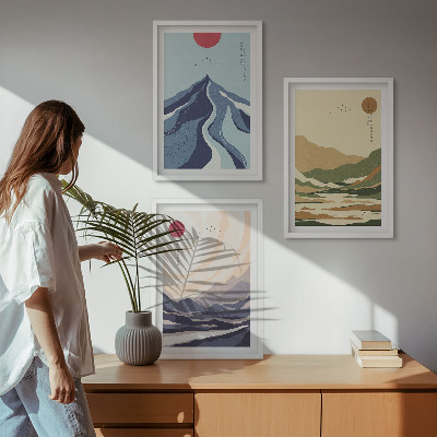 Set om 3 tavlor Pastellberg i japansk stil
