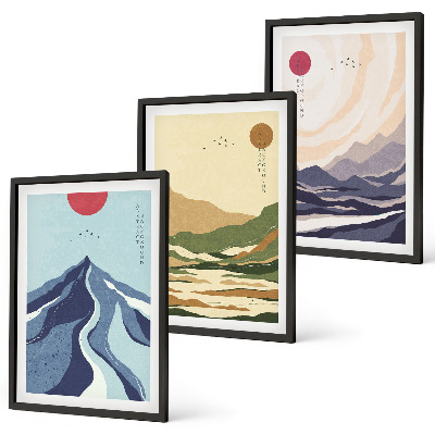 Set om 3 tavlor Pastellberg i japansk stil