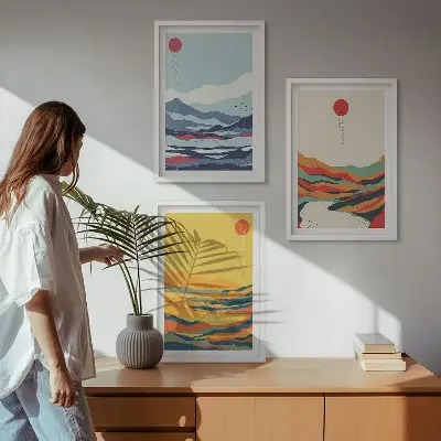 Färgglad abstrakt tavla med berg och flod tavelset för väggen ovanför soffa