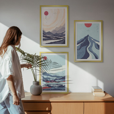 Tavelpaket med ramar Abstrakta japanska berg