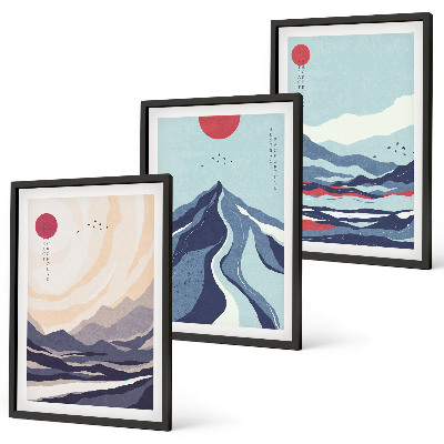 Tavelpaket med ramar Abstrakta japanska berg