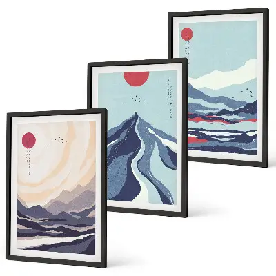 Abstrakta japanska berg tavelset med ramar