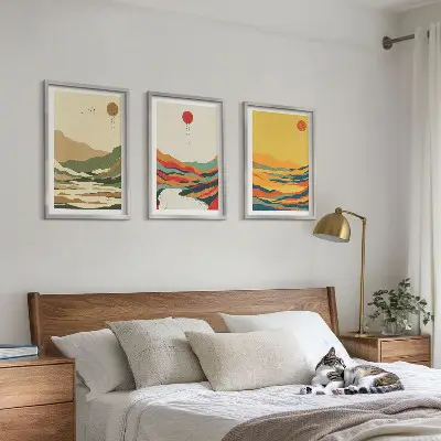 Set med 3 tavlor färgglada mönster med motiv av Japandi-berg
