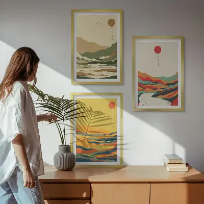 Set med 3 tavlor färgglada mönster med motiv av Japandi-berg