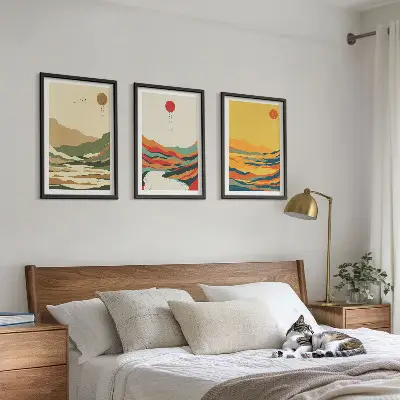 Set med 3 tavlor färgglada mönster med motiv av Japandi-berg