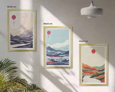 Japanska bergsabstraktioner tavelset för väggen ovanför soffan