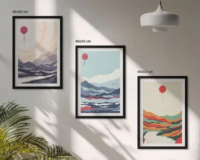 Japanska bergsabstraktioner tavelset för väggen ovanför soffan