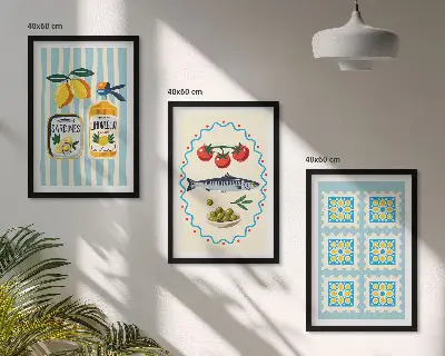 Illustrationer av kök i medelhavsstil set om 3 tavlor