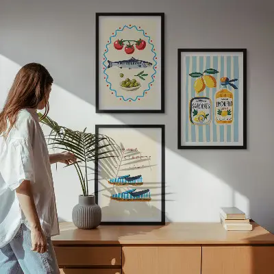 Tavelset med italienska matmotiv för väggen ovanför soffa