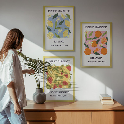 Tavelset ovanför soffa Fruktposters citroner jordgubbar