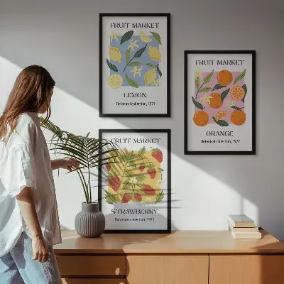 Fruktposters citroner och jordgubbar tavelset för vägg ovanför soffa