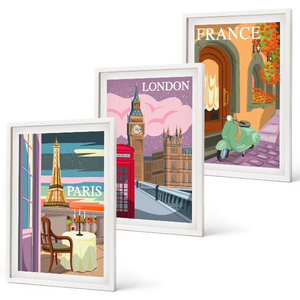 Tavelpaket med ramar Utsikter Paris London retro