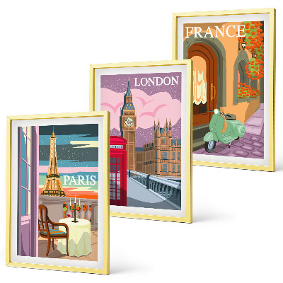Tavelpaket med ramar Utsikter Paris London retro