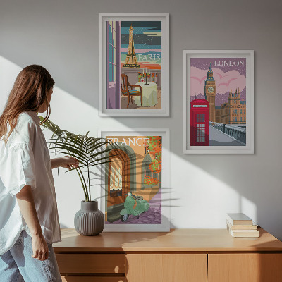 Tavelpaket med ramar Utsikter Paris London retro