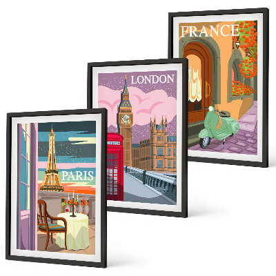 Tavelpaket med ramar Utsikter Paris London retro