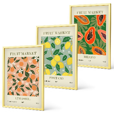 Set om 3 tavlor Citrusfrukter tropisk retro