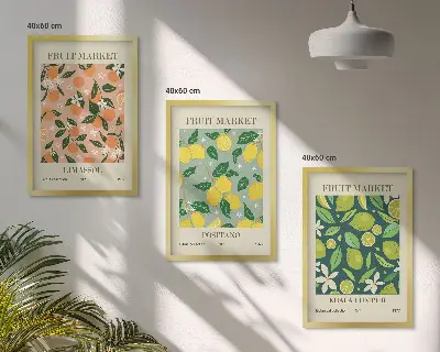 Tavelset för vägg ovanför soffa med fruktiga citrusblommönster