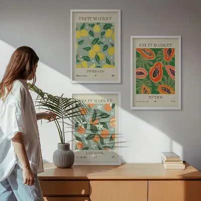 Tavelväggspaket med ramar fruktposters med citroner och papaya