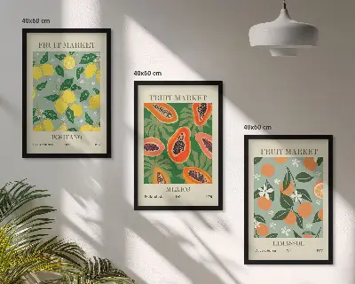 Tavelväggspaket med ramar fruktposters med citroner och papaya