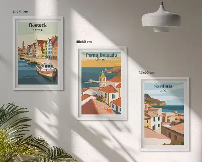 Tavelset med motiv av europeiska kuststäder för placering ovanför soffa