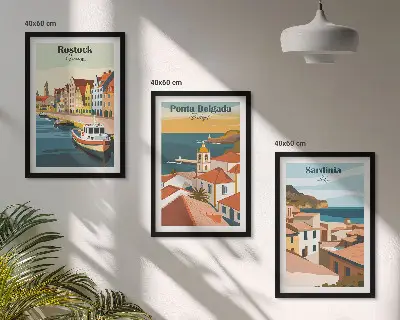 Tavelset med motiv av europeiska kuststäder för placering ovanför soffa