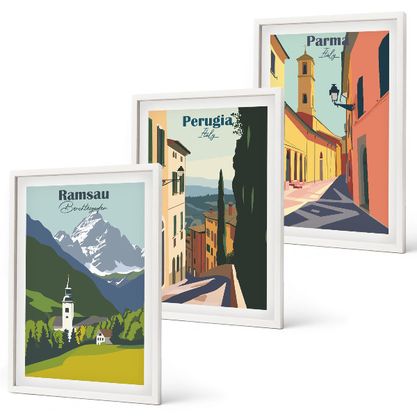 Tavelpaket med ramar Bergslandskap och Italien