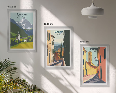 Tavelpaket med ramar Bergslandskap och Italien