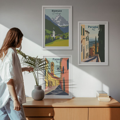 Tavelpaket med ramar Bergslandskap och Italien