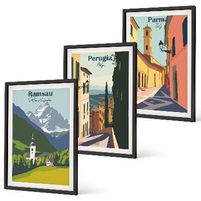 Tavelpaket med ramar Bergslandskap och Italien