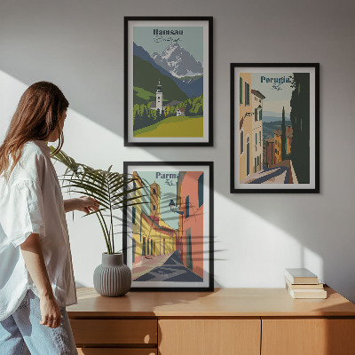 Tavelpaket med ramar Bergslandskap och Italien