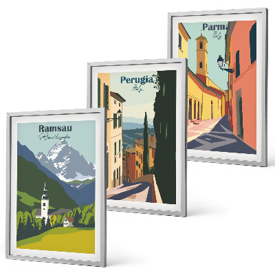 Tavelpaket med ramar Bergslandskap och Italien