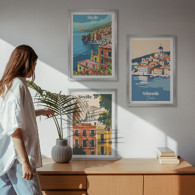 Set om 3 tavlor Stadslandskap med byggnader