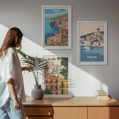 Set om 3 tavlor Stadslandskap med byggnader