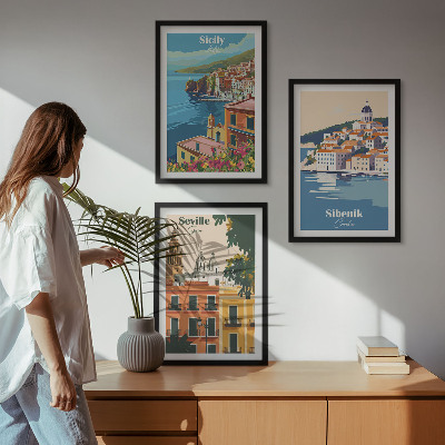 Set om 3 tavlor Stadslandskap med byggnader