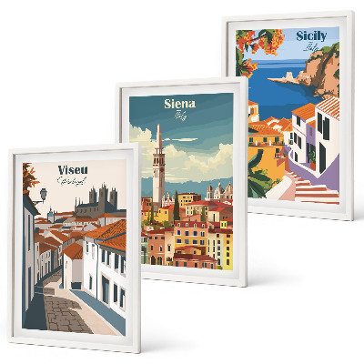 Set om 3 tavlor Retro illustrationer av världens städer