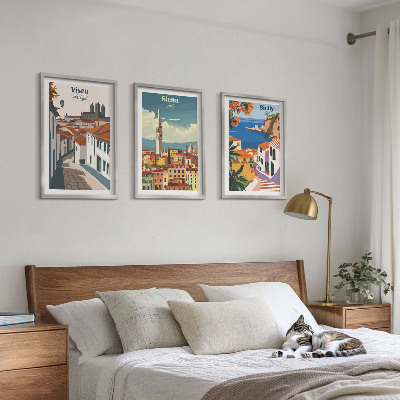 Set om 3 tavlor Retro illustrationer av världens städer