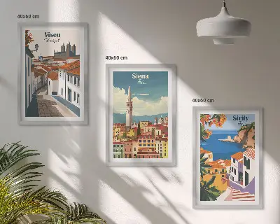 Retro illustrationer av världens städer set om 3 tavlor