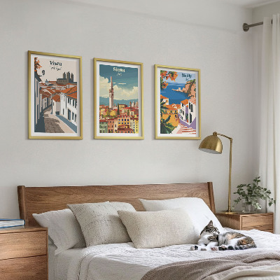 Set om 3 tavlor Retro illustrationer av världens städer