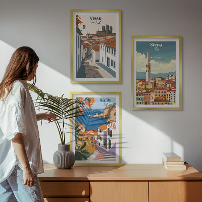 Set om 3 tavlor Retro illustrationer av världens städer