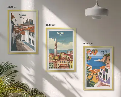 Retro illustrationer av världens städer set om 3 tavlor