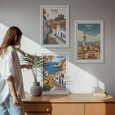 Set om 3 tavlor Retro illustrationer av världens städer