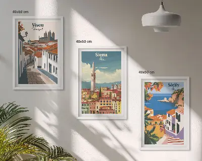 Retro illustrationer av världens städer set om 3 tavlor