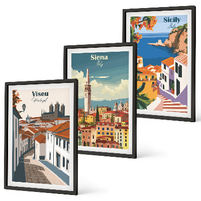 Set om 3 tavlor Retro illustrationer av världens städer