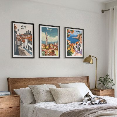 Set om 3 tavlor Retro illustrationer av världens städer