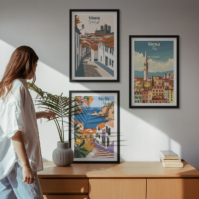 Set om 3 tavlor Retro illustrationer av världens städer