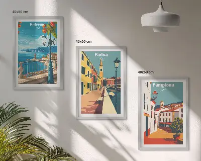 Retro stadsillustrationer tavelset för vägg ovanför soffa