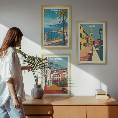 Tavelset ovanför soffa Retro stadsillustrationer