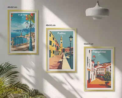Retro stadsillustrationer tavelset för vägg ovanför soffa
