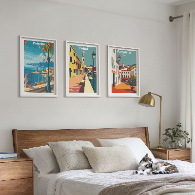 Tavelset ovanför soffa Retro stadsillustrationer