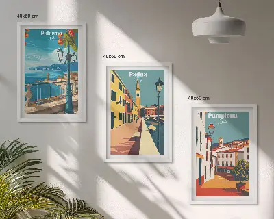 Retro stadsillustrationer tavelset för vägg ovanför soffa